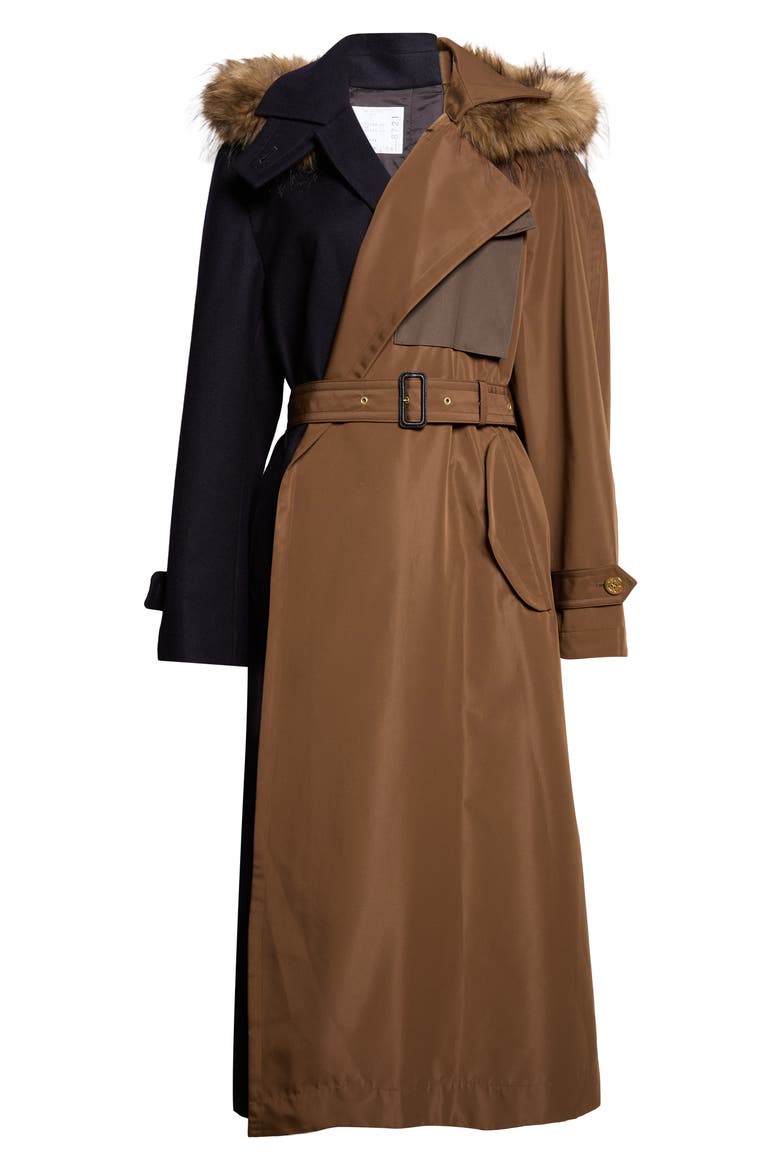 Mixed Media Trench Coat with Faux Fur Trim Hood, Main, color, CAMEL/ NAVY