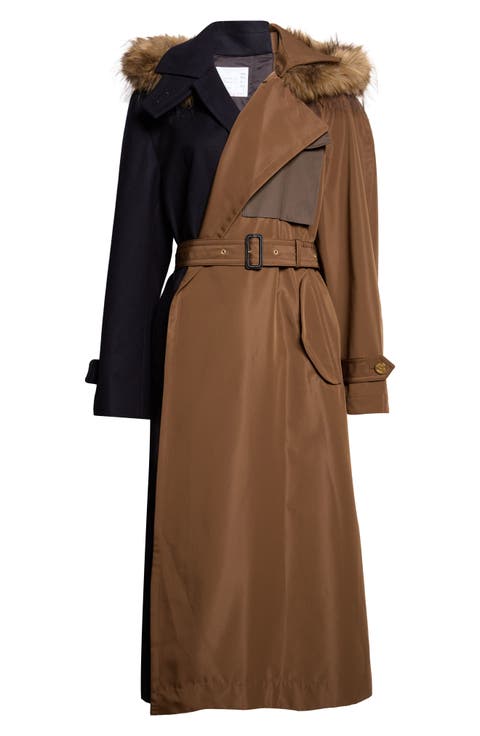 Mixed Media Trench Coat with Faux Fur Trim Hood