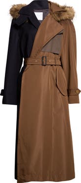 Sacai Mixed Media Trench Coat with Faux Fur Trim Hood