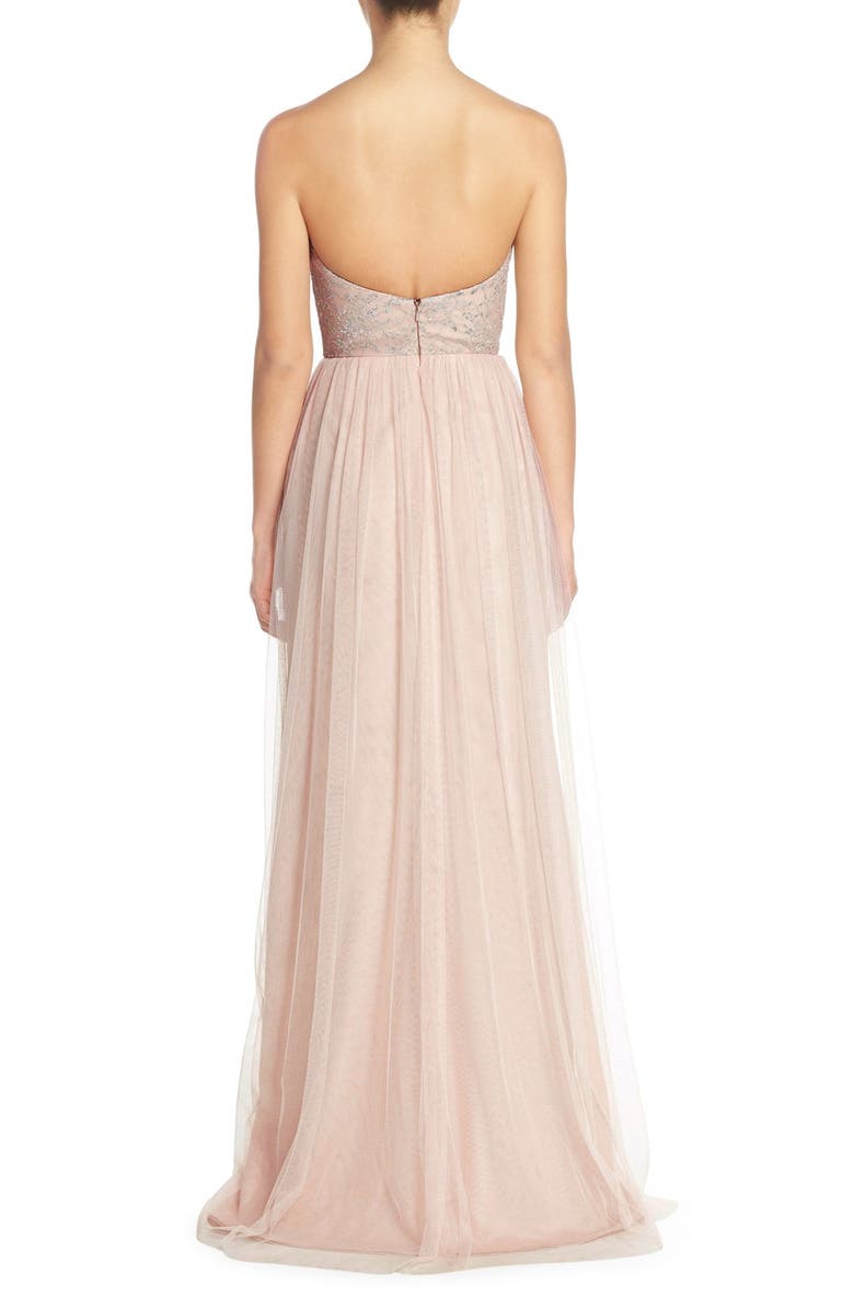 Hayley Paige Occasions Strapless Metallic Lace & Net Gown, Alternate, color,