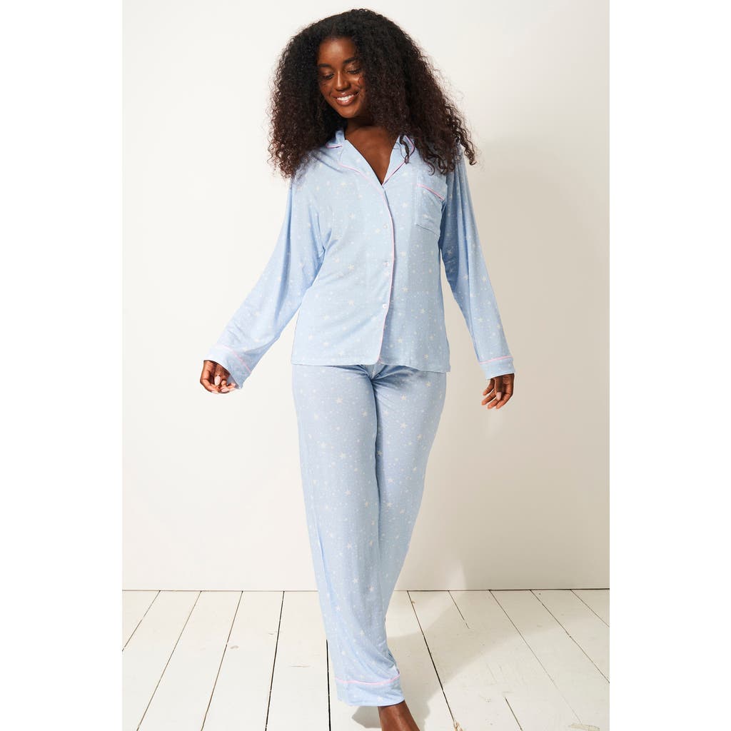 Stripe & Stare Long Pyjama Set In Pale Blue Star