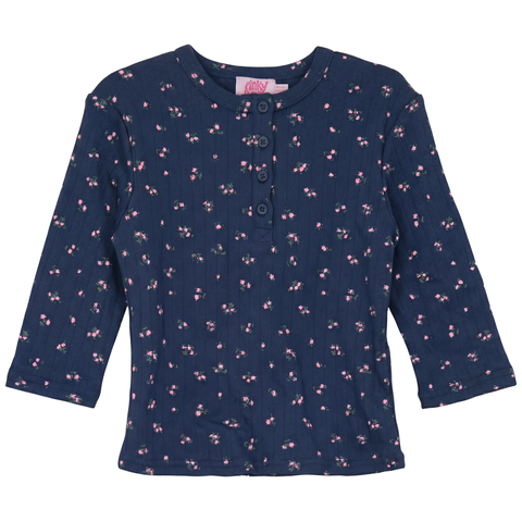 Floral Pointelle Henley Button Placket 3/4 Sleeve Top (Little Kid & Big Kid)