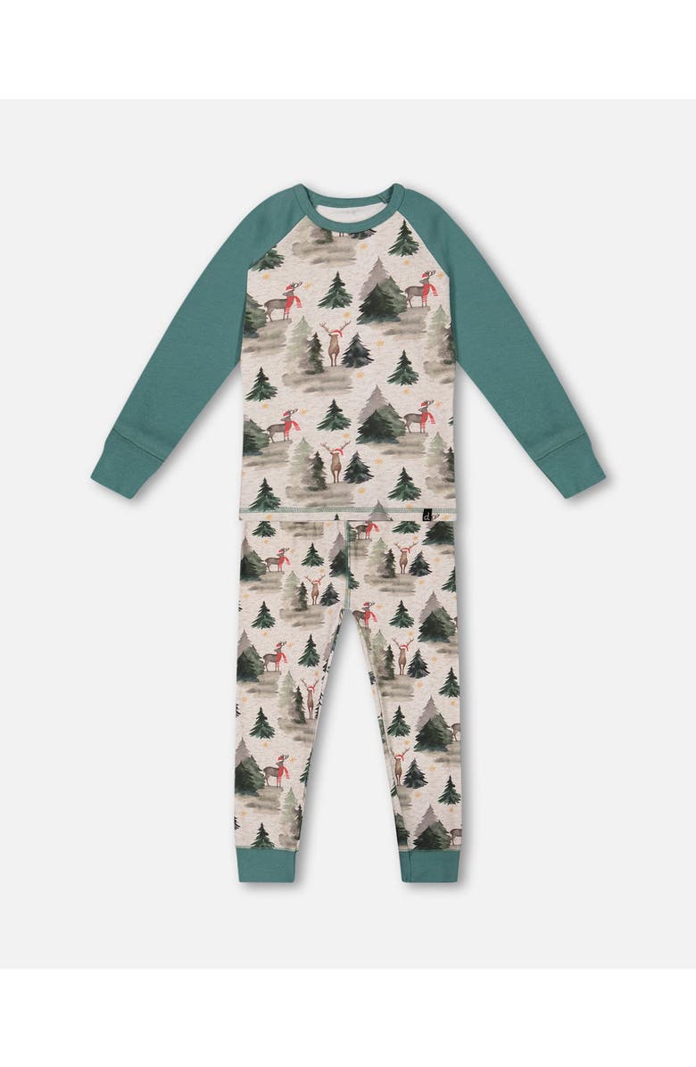Deux par Deux Little Boy's Organic Cotton Two Piece Pajama Set Gray Mix And Green Printed Reindeer, Main, color,