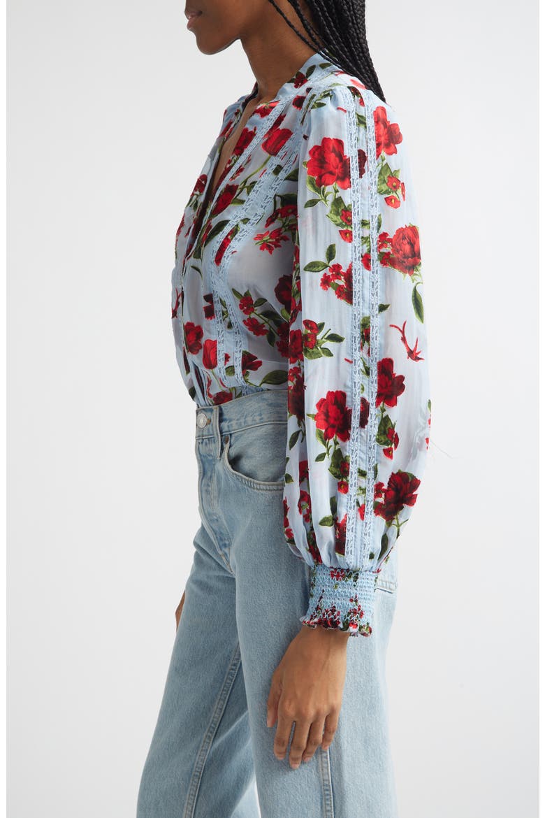 Arlette Floral Print Lace Trim Top, Alternate, color, AMERICAN BEAUTY CAROLINA BLUE