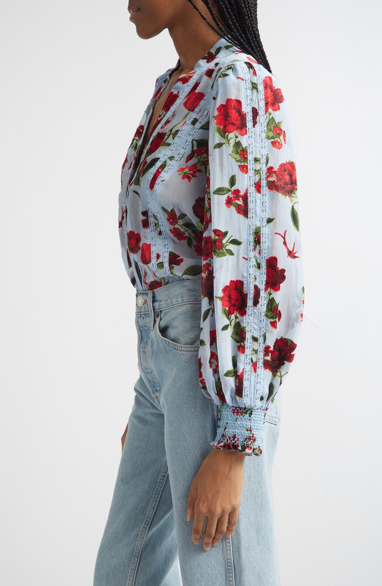 Alice + Olivia Arlette Floral Print Lace Trim Top, Alternate, color, American Beauty Carolina Blue