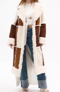 AZALEA WANG Telluride Longline Patchwork Coat with Faux Fur Collar