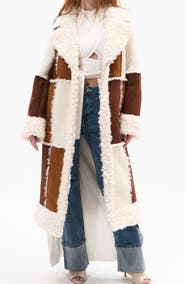 AZALEA WANG Telluride Longline Patchwork Coat with Faux Fur Collar