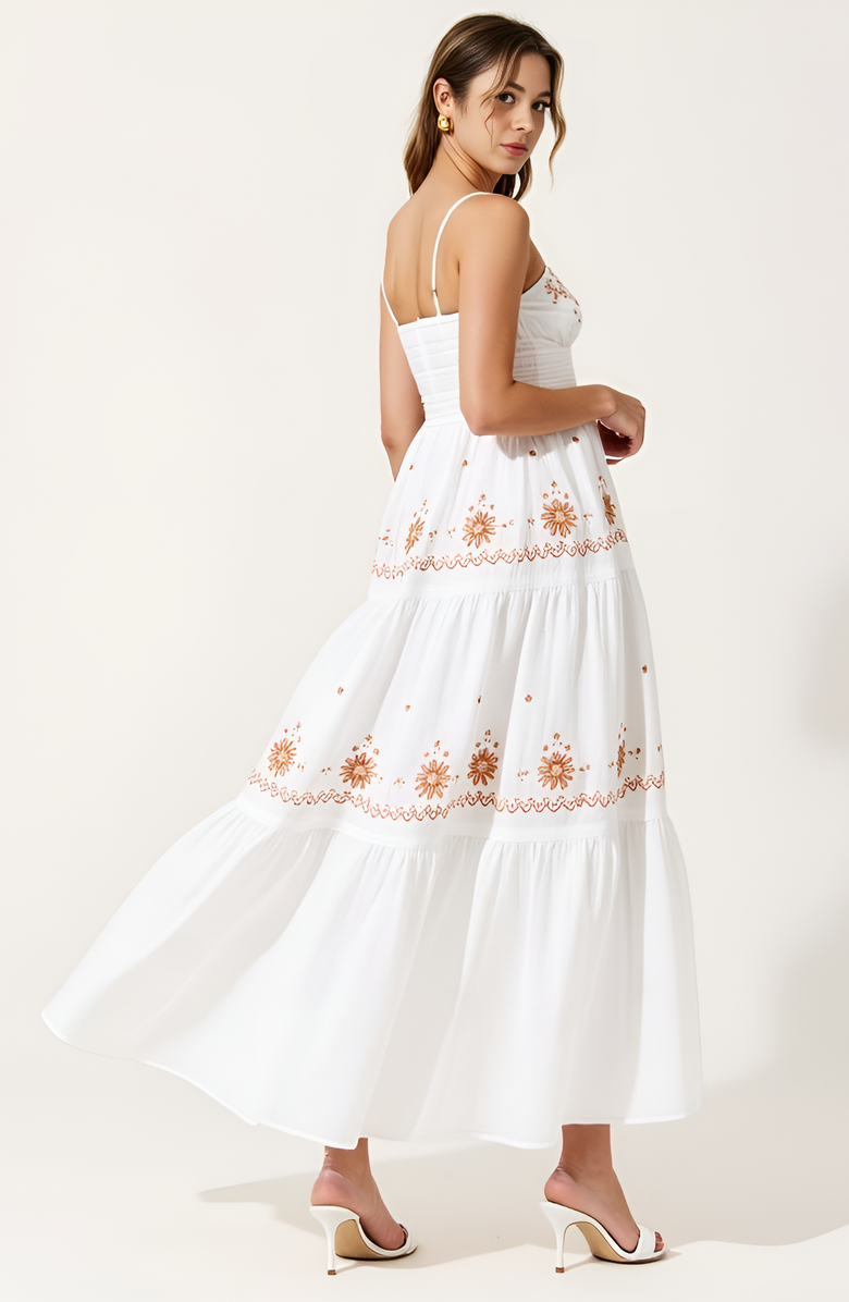 Modenaire Embroidered Tiered Maxi Dress, Alternate, color, White / Brown Embroidery
