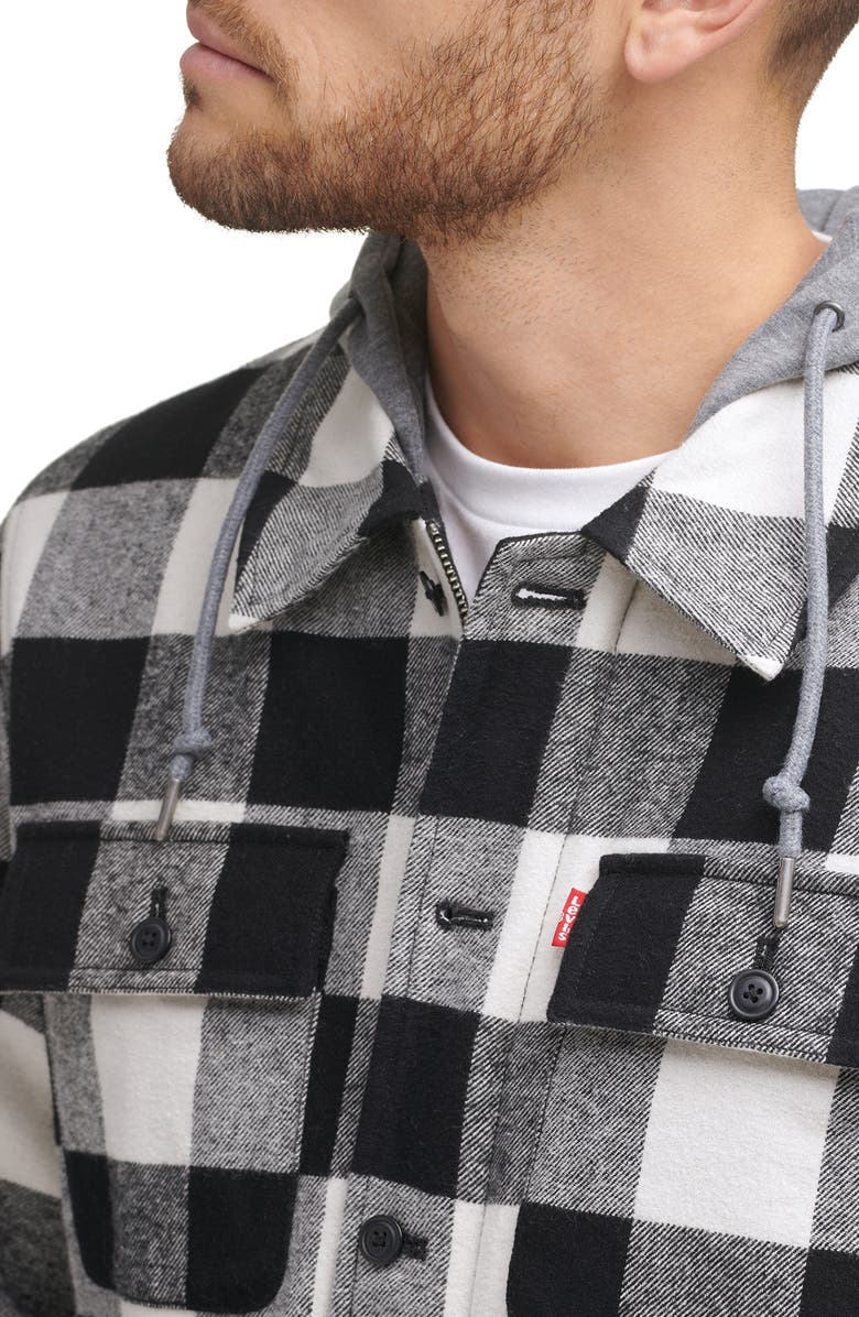 Levi's Plaid Faux Shearling Lined Jersey Hood Shirt Jacket, Alternate, color, Black/White Buffalo Check