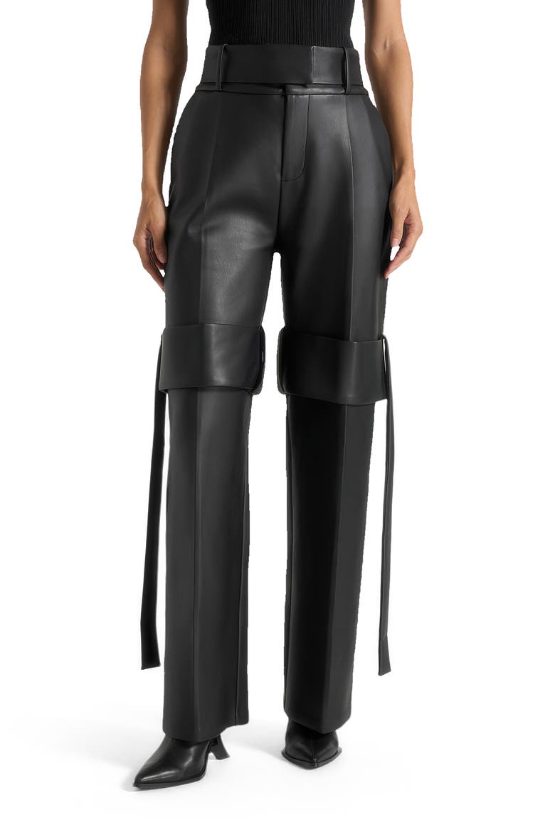 Isabelle Leather Belted Strap Detail Trousers, Alternate, color, Black