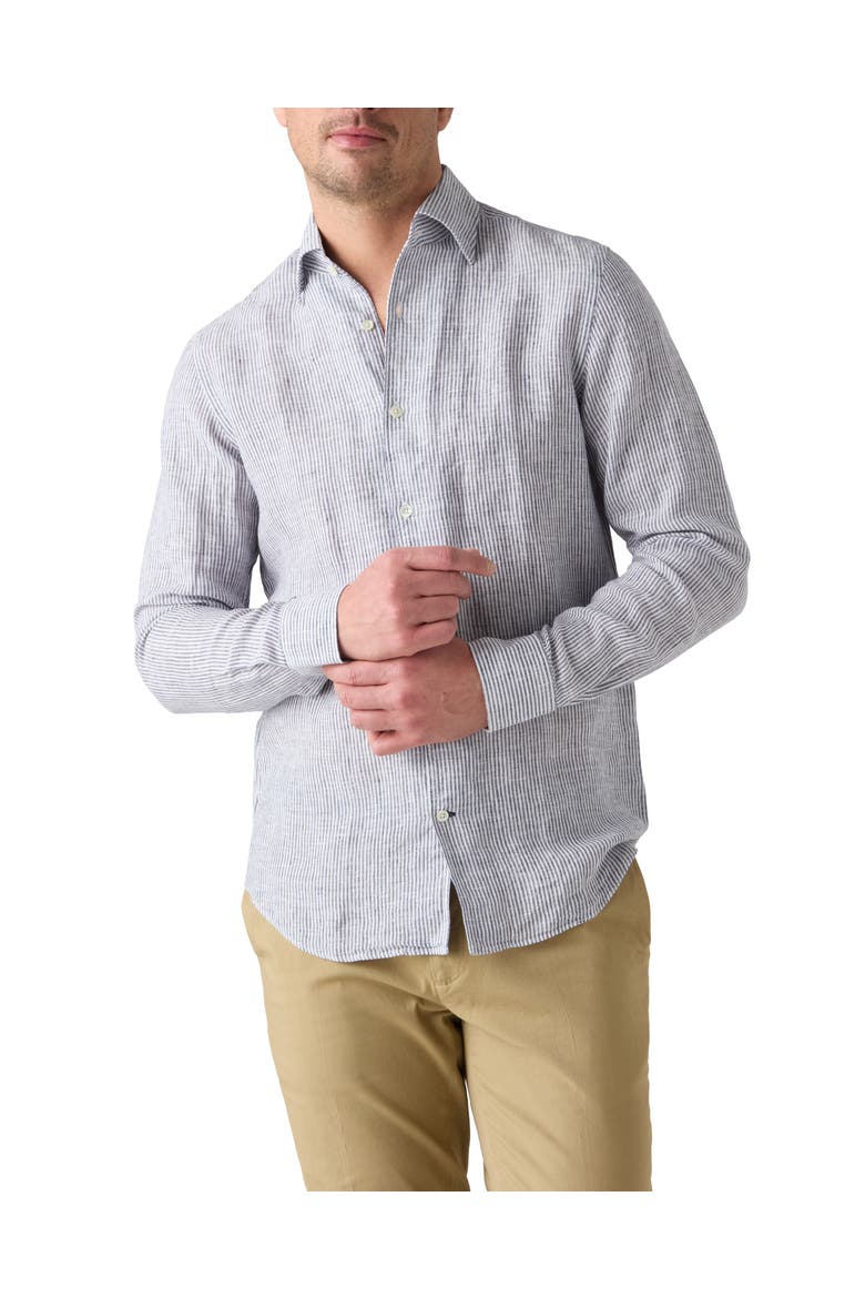 Morgan Medium Stripe Linen Shirt, Main, color, Navy