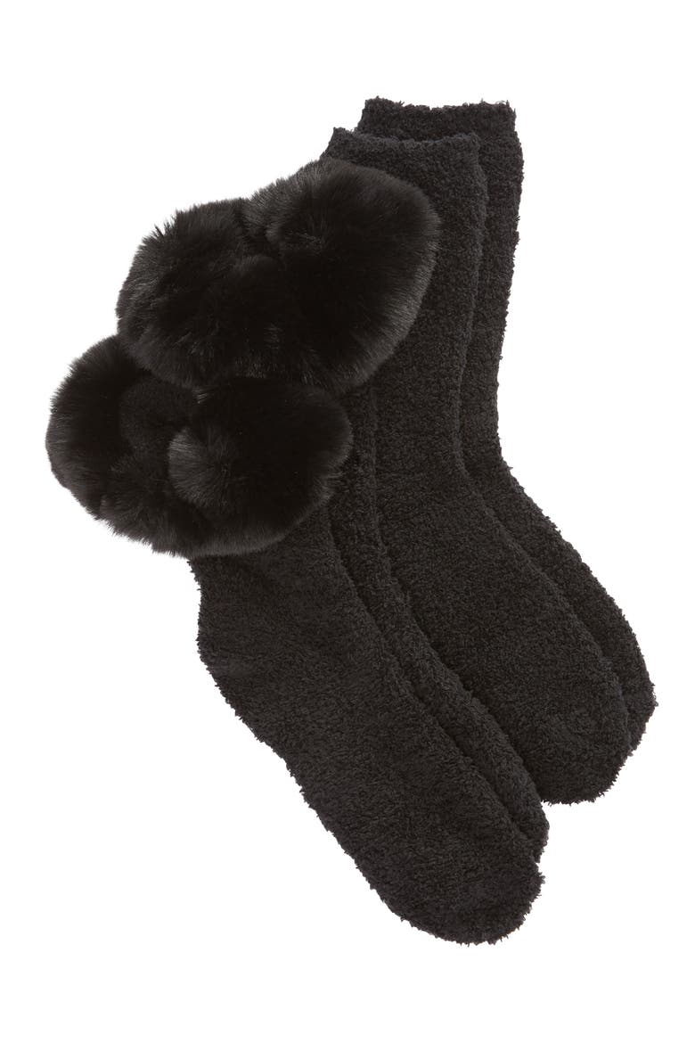 Butter 2-Pack Faux Fur Trim Crew Socks, Main, color, BLACK