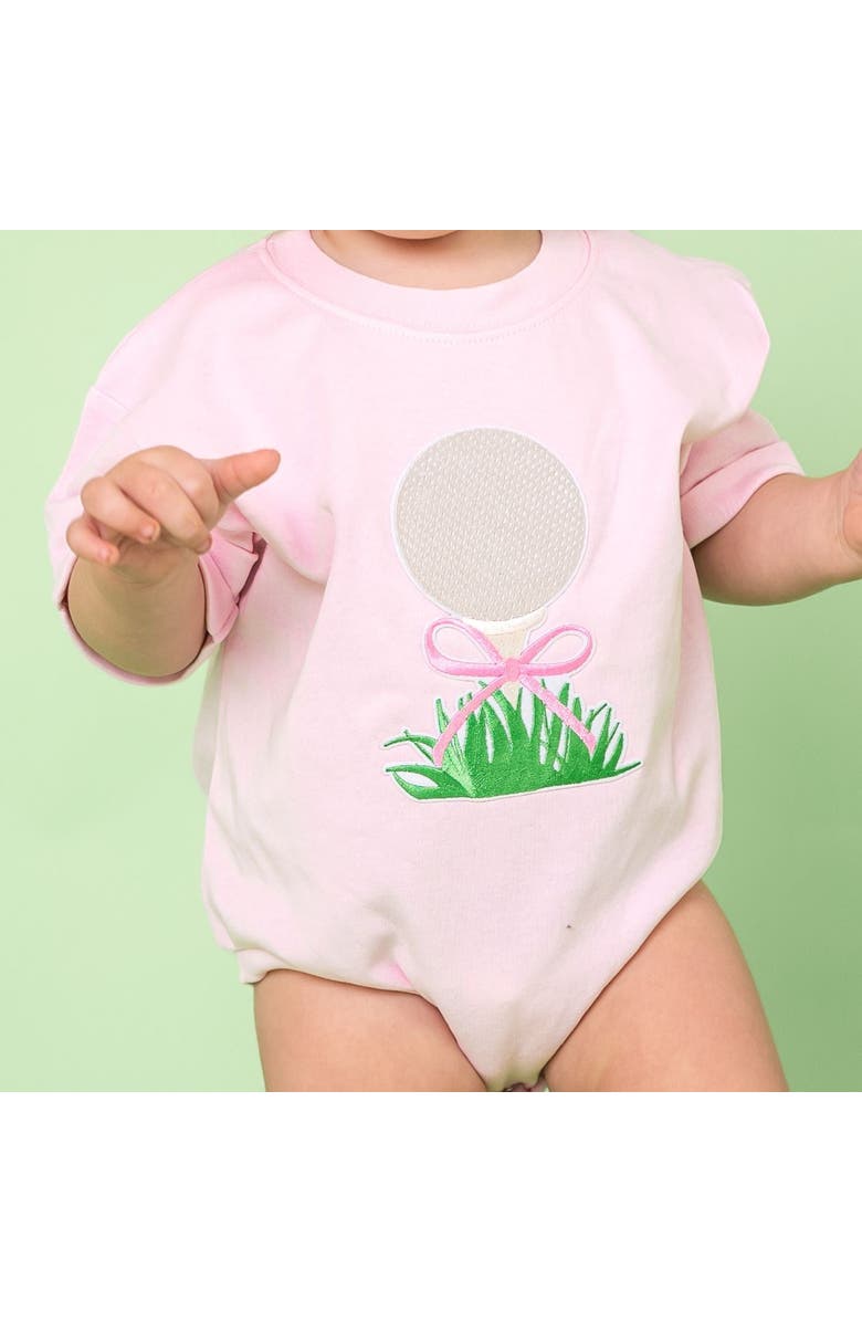 Sweet Wink Golf Tee Bow Patch Short Sleeve Romper, Alternate, color, Ballet Pink