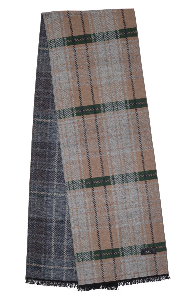 Ted Baker London Plaid Silk Reversible Scarf, Alternate, color, Tan