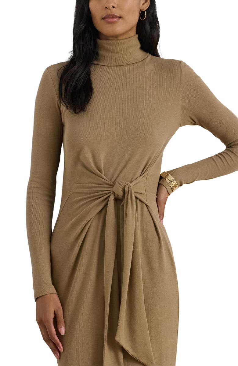 Lauren Ralph Lauren Long Sleeve Turtleneck Tie Front Dress, Alternate, color, Classic Camel