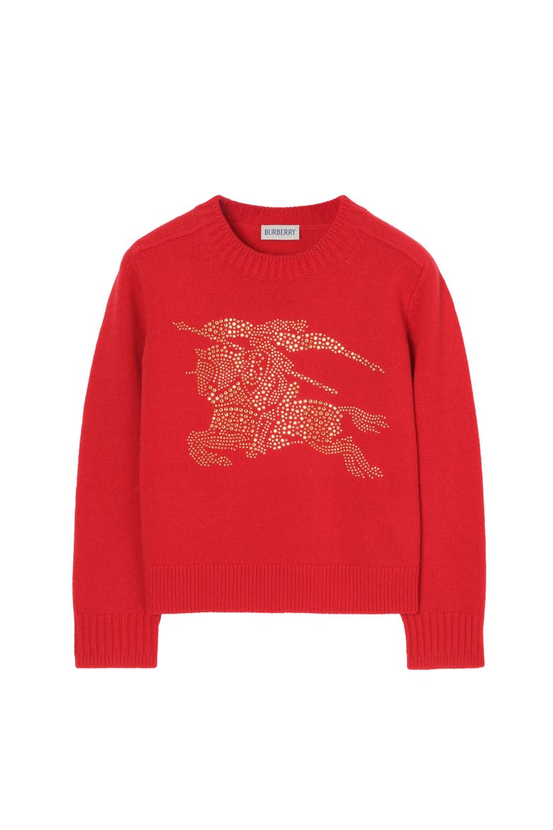 Girls' Rhinestone Knight Wool Sweater, Main, color, Crayon red