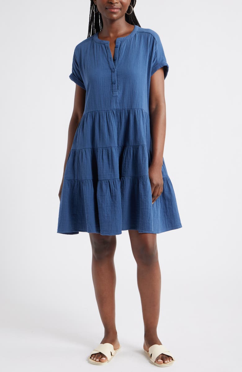 Caslon<sup>®</sup> Cotton Gauze Tiered Popover Dress, Main, color, Navy Denim