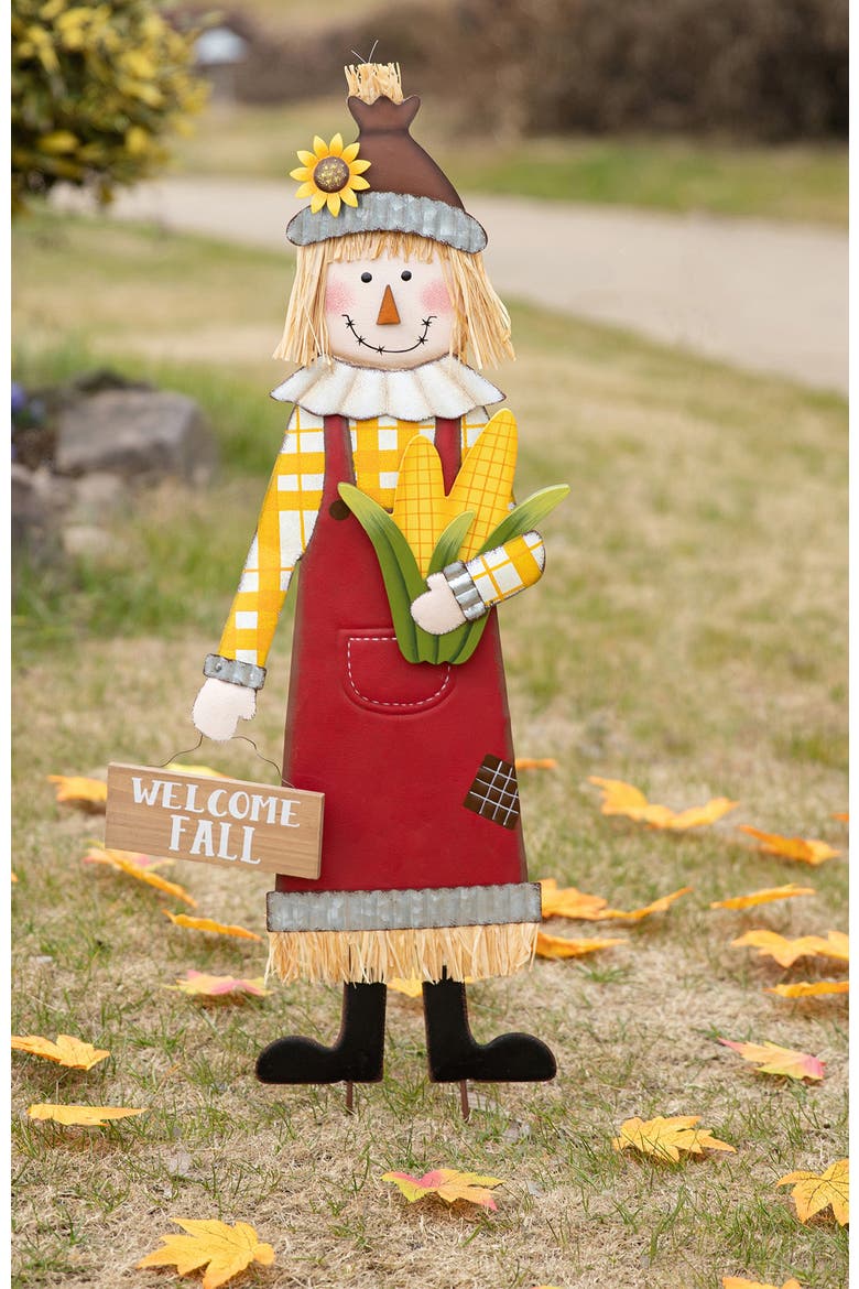 Fall Metal Scarecrow Yard Stake or Standing or Hanging Sign, Alternate, color, Red
