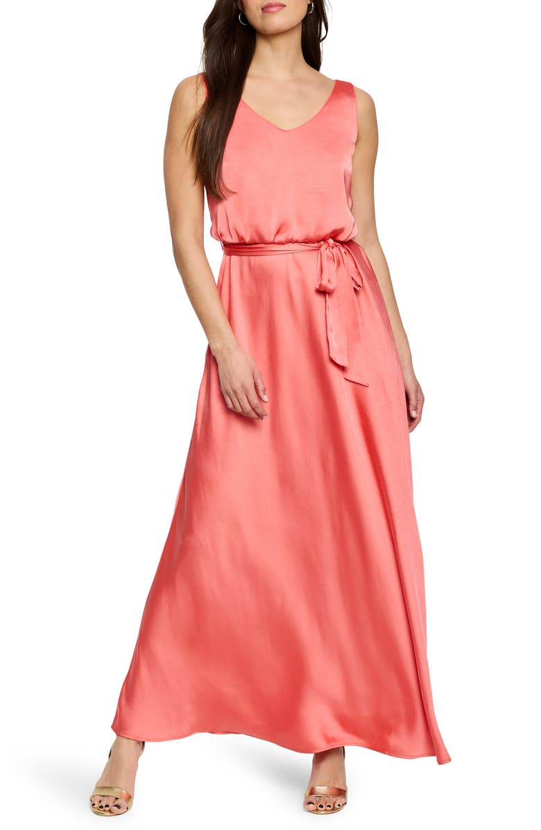 NIC+ZOE Bianca Tie Waist Satin Maxi Dress, Main, color, Guava