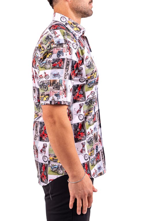 Maceoo Galileo Resistance0340 White Motorcycle Print Short Sleeve Cotton Button-up Shirt
