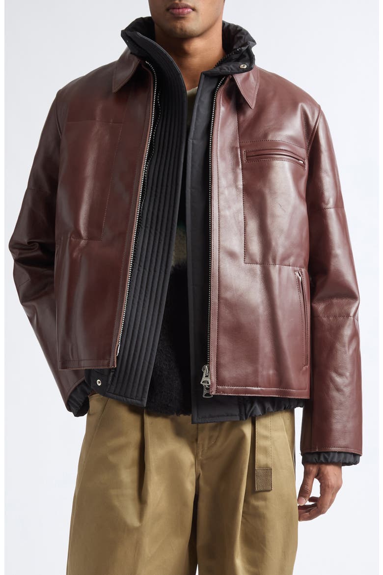 Layered Leather Puffer Jacket, Main, color, BROWN/ BLACK