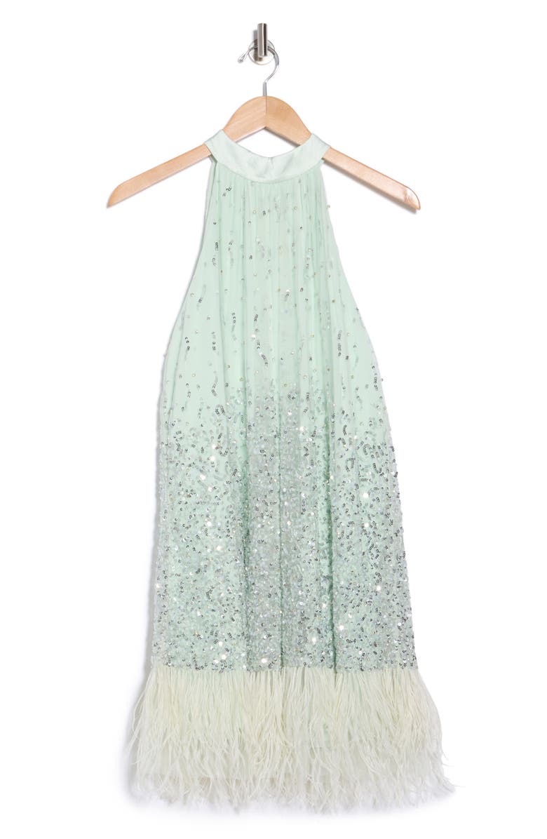 Alice + Olivia Erna Sequin & Feather Halter Neck Dress, Alternate, color, Sea Spray