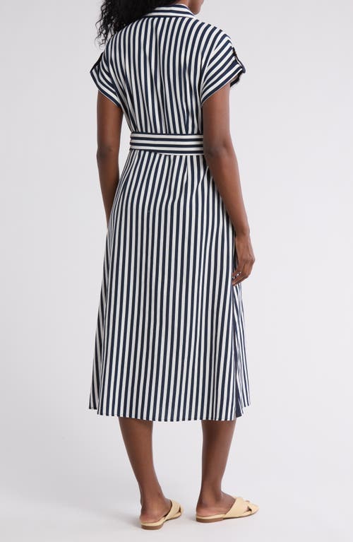 Shop Ellen Tracy Stripe Short Sleeve Midi Shirtdress In Navy/white Stripe