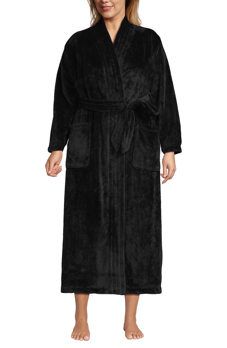 Lands' End Tall Cozy Plush Long Wrap Robe, Main, color, Black