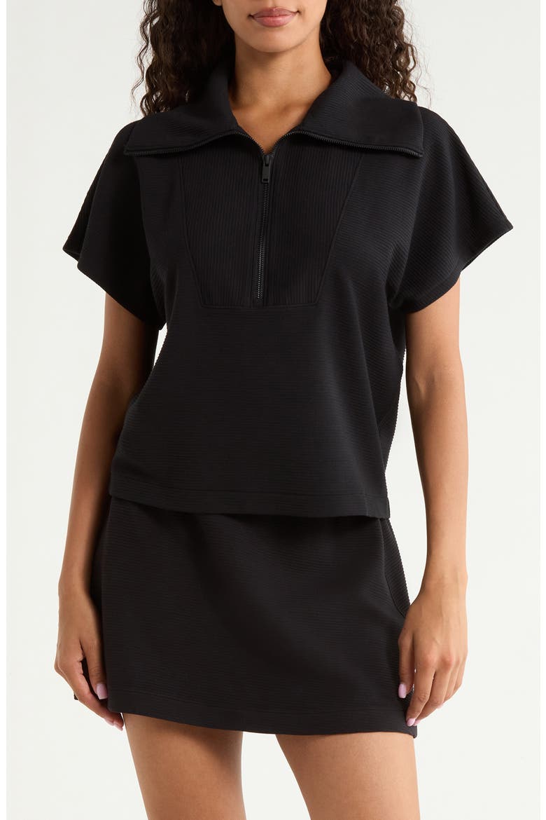 Rib Short Sleeve Half Zip Pullover, Main, color, VERY BLACK