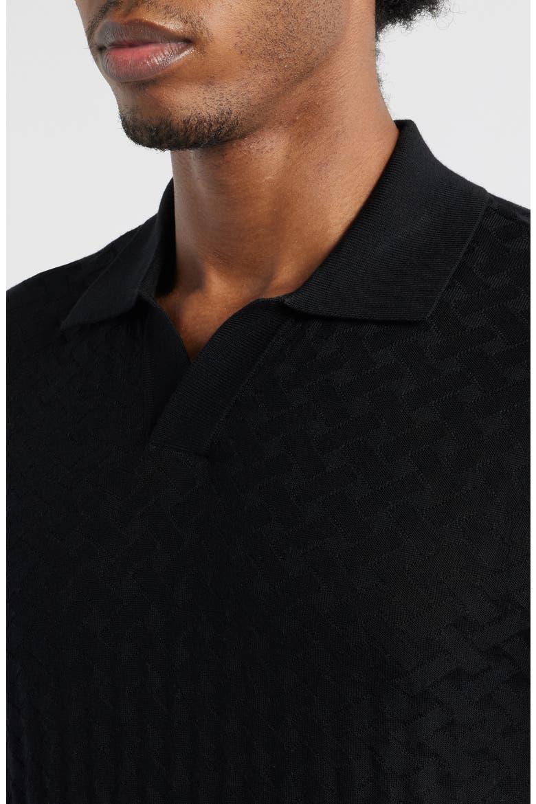 Basket-Weave Stitch Johnny Collar Virgin Wool Polo Sweater, Alternate, color, SOLID BLACK