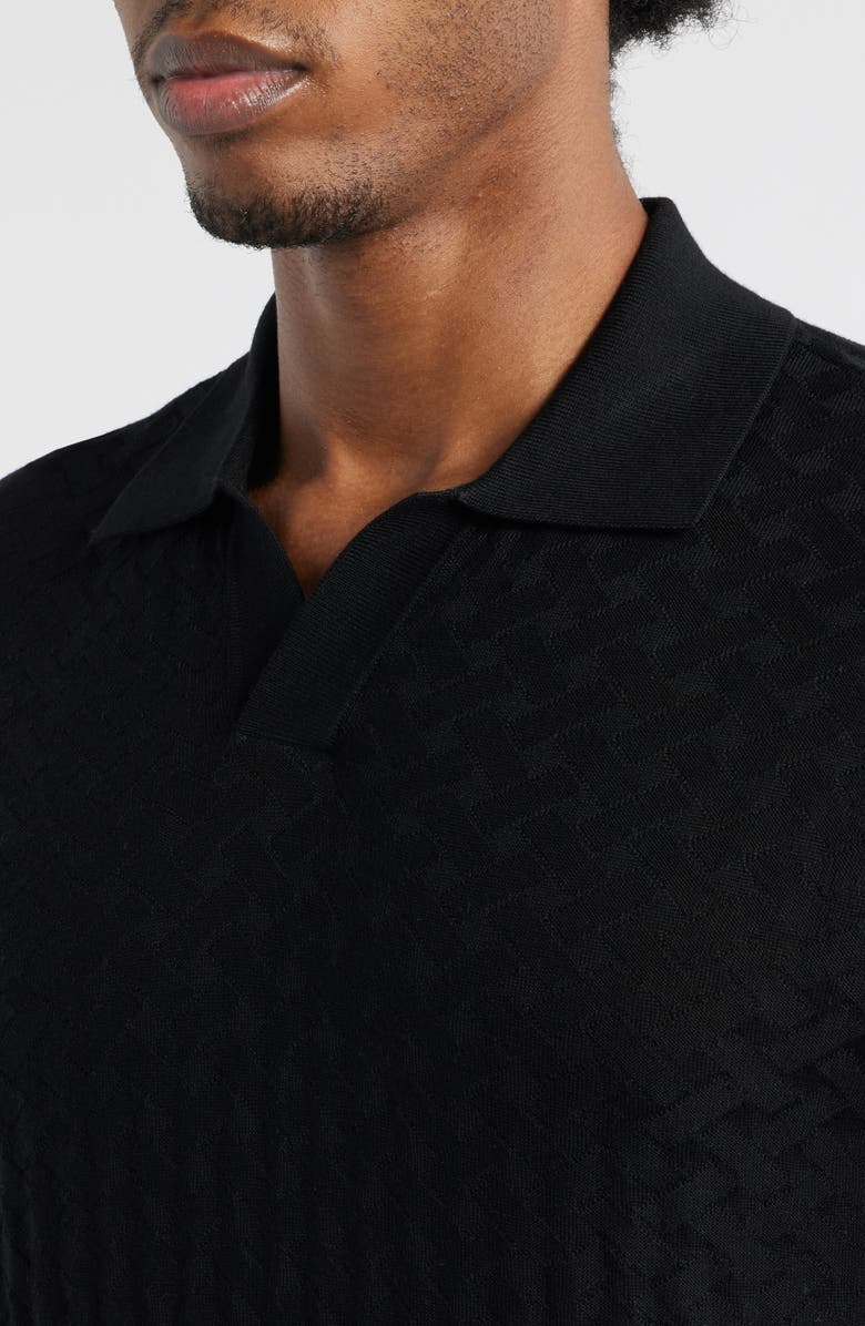 Emporio Armani Basket-Weave Stitch Johnny Collar Virgin Wool Polo Sweater, Alternate, color, Solid Black