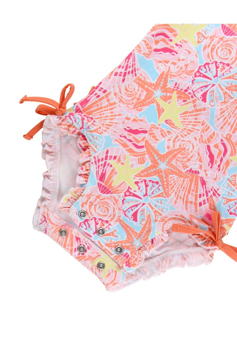 RuffleButts Baby Girls Tropical Long Sleeve UPF50+ One Piece Rash Guard, Alternate, color, Sunset Seashells