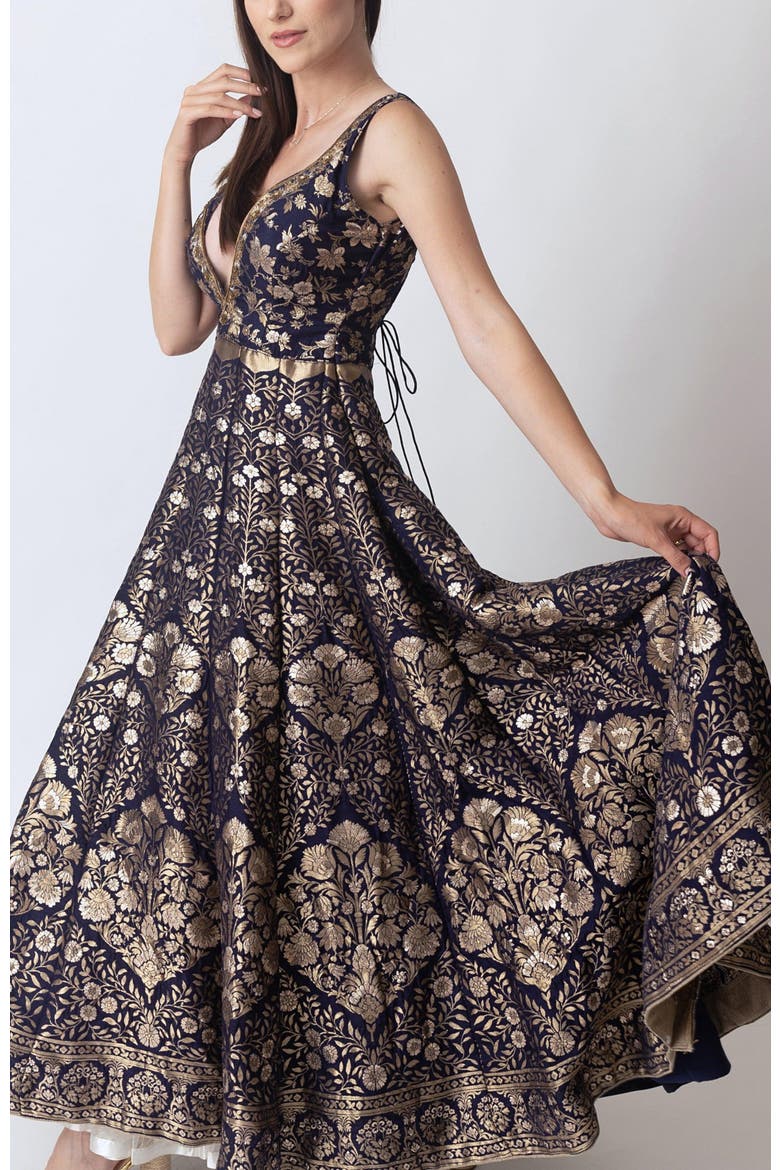 Alisha Brocade Plunge Neck Gown, Alternate, color, Navy