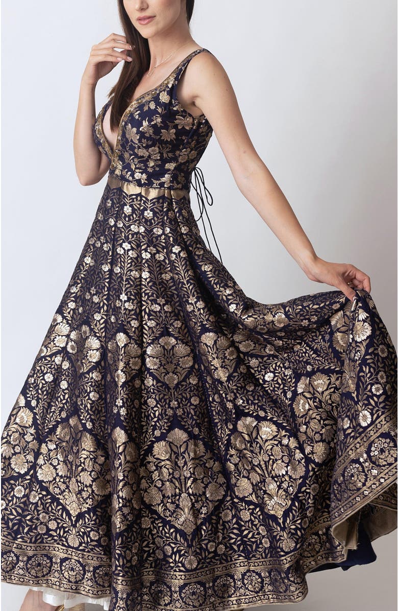 RAAS Alisha Brocade Plunge Neck Gown, Alternate, color, Navy