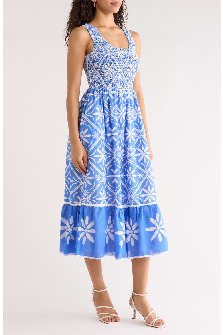Alexie Floral Jersey Smocked Midi Sundress, Alternate, color, BLUE-WHITE-MULTI