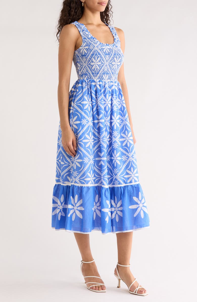 SUGARLIPS Alexie Floral Jersey Smocked Midi Sundress, Alternate, color, Blue-White-Multi