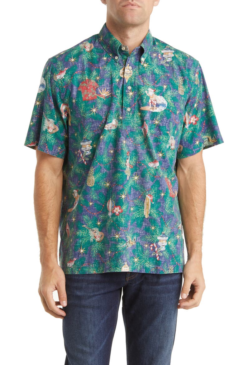 Hawaii Christmas Classic Fit Short Sleeve Button-Down Polo Shirt, Main, color, NAVY