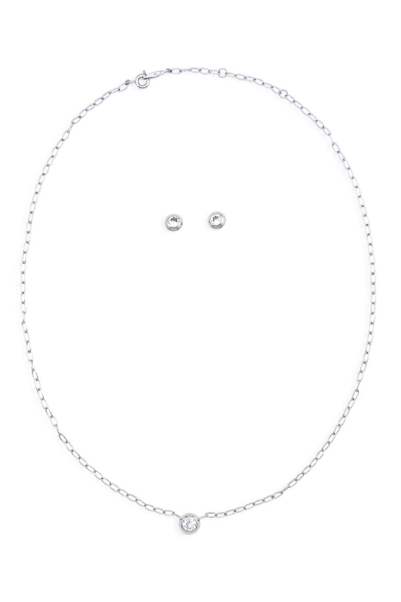 Shimmer Cubic Zirconia Solitaire Necklace & Stud Earrings Set, Main, color, RHODIUM