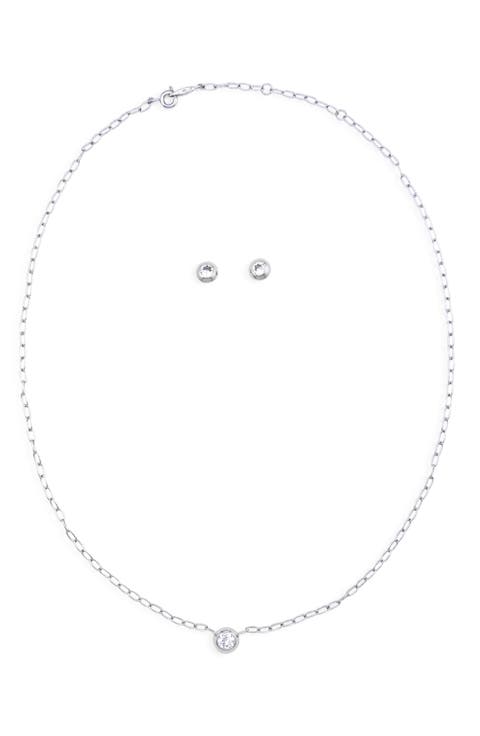 Shimmer Cubic Zirconia Solitaire Necklace & Stud Earrings Set