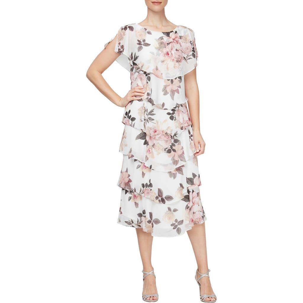 SL FASHIONS SL FASHIONS FLORAL CAPELET TIERED MIDI DRESS