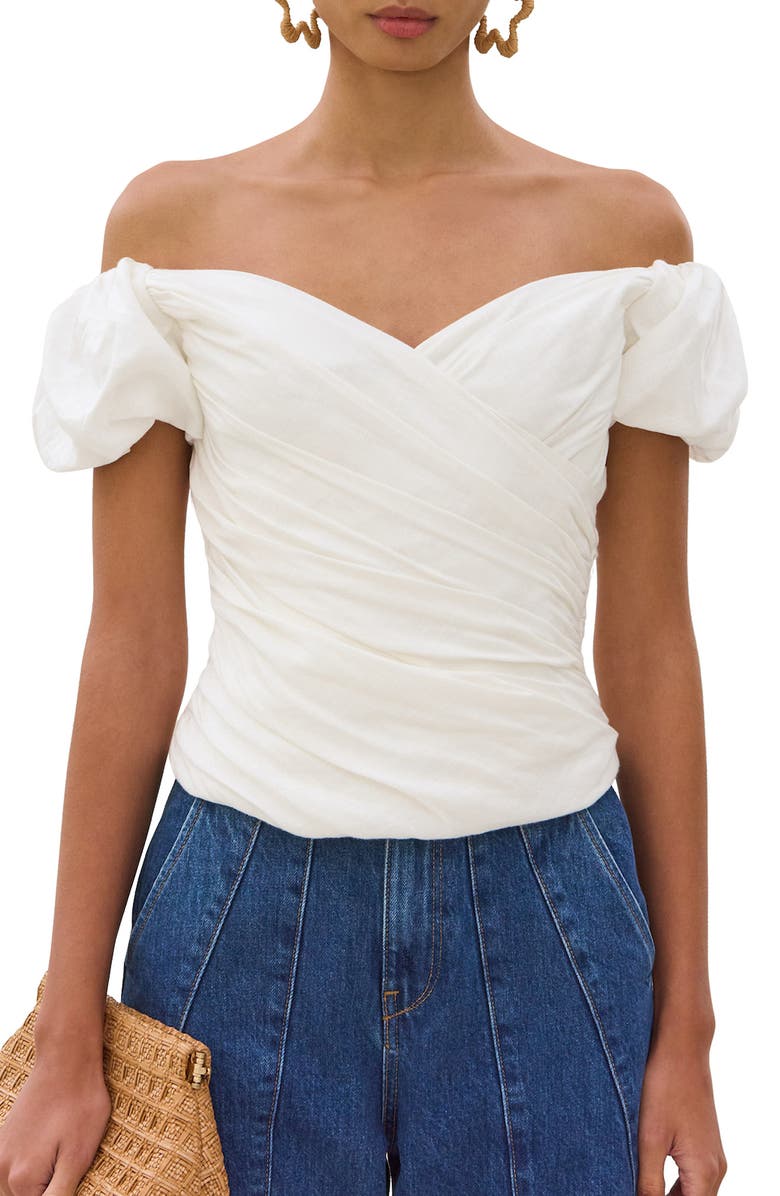 Cult Gaia Helene Ruched Off the Shoulder Linen Blend Top, Alternate, color, Off White