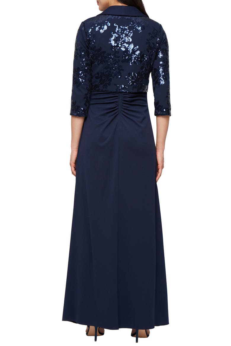 Sequin Detail Sleeveless Scuba Crepe Gown with Sequin Bolero Jacket, Alternate, color, NAVY