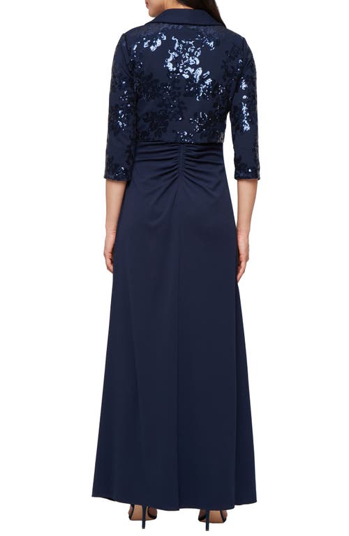Alex Evenings Sequin Detail Sleeveless Scuba Crepe Gown With Sequin Bolero Jacket In Blue