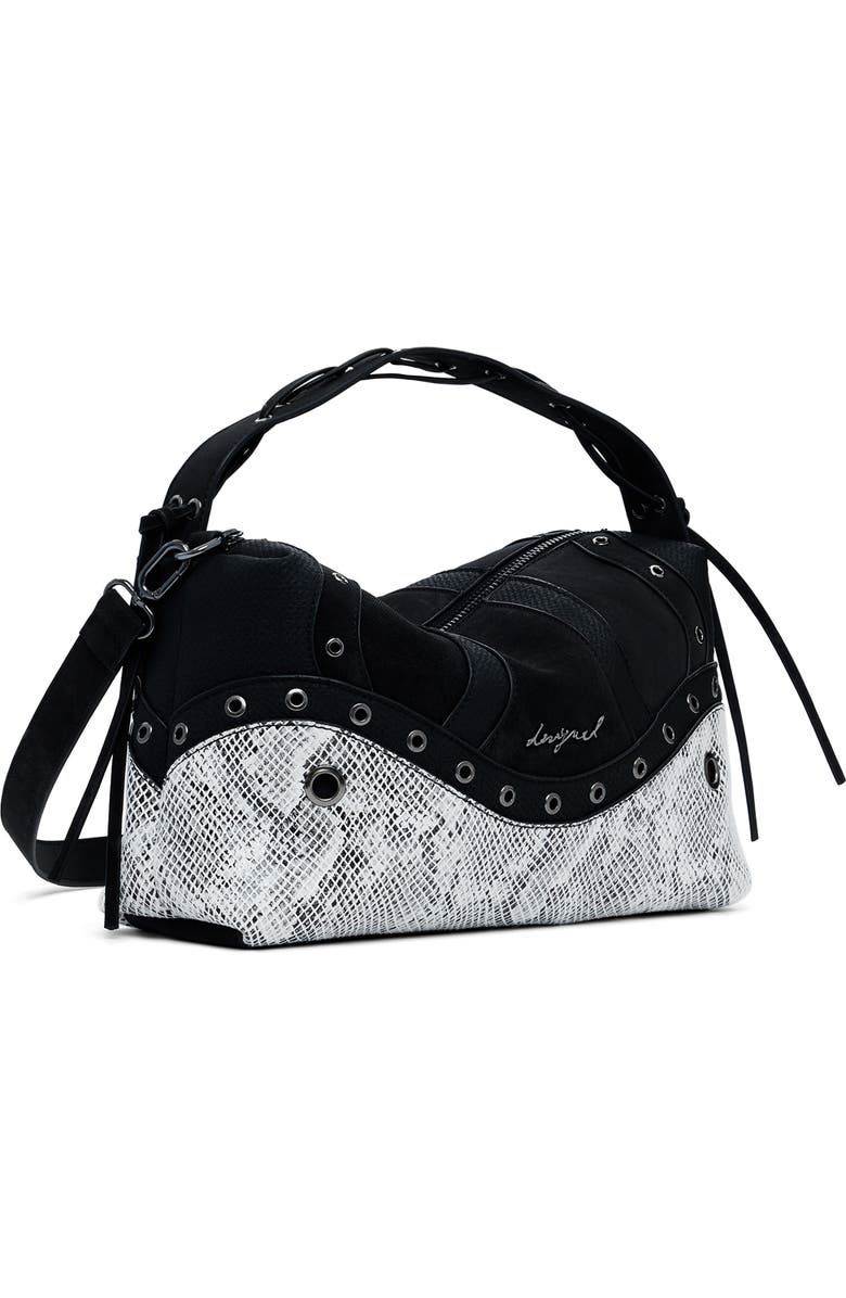Desigual Studded Snakeskin Print Faux Leather Handbag, Alternate, color, Black