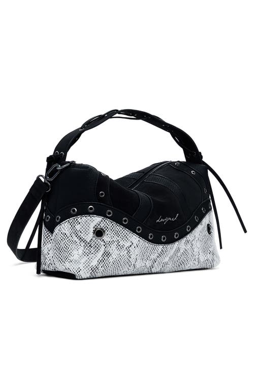 Desigual Studded Snakeskin Print Faux Leather Handbag In Black