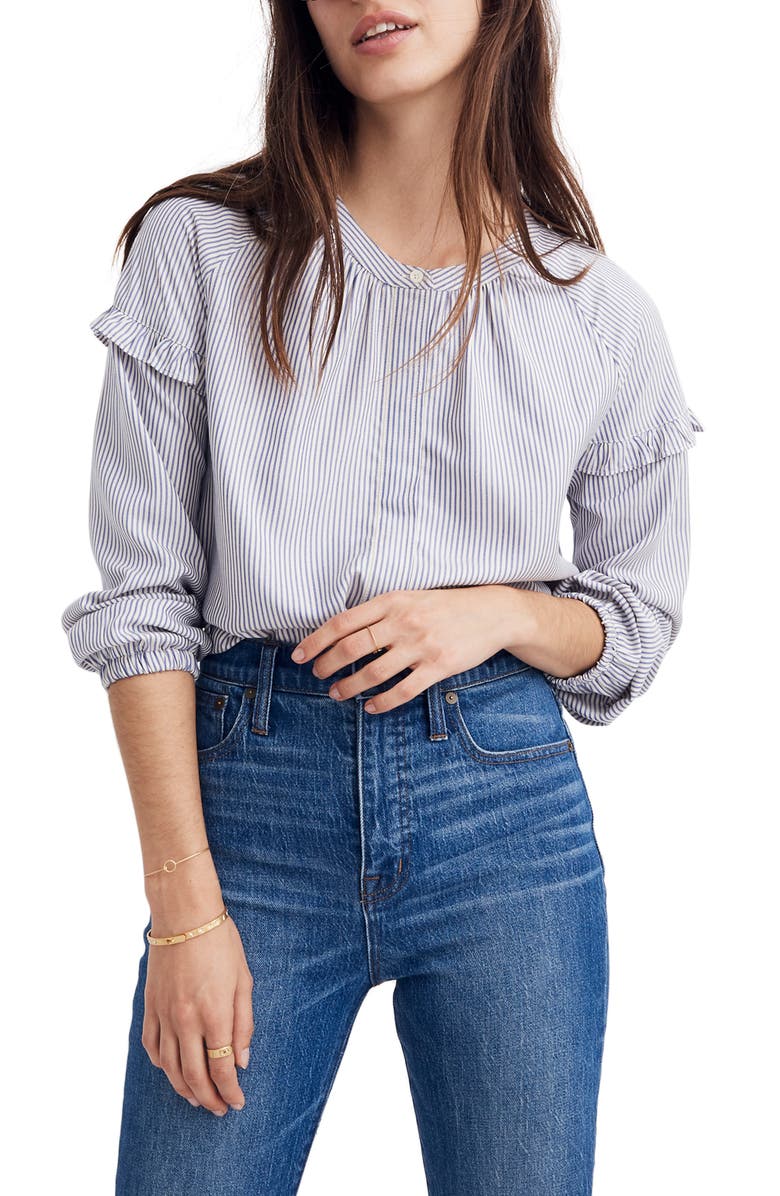 Madewell Stripe Collarless Ruffle Sleeve Shirt, Main, color, 