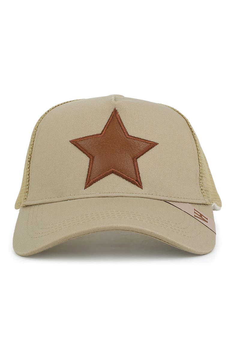 Embroidered Star Patch Mesh Panel Trucker Hat, Main, color, KHAKI/ BROWN