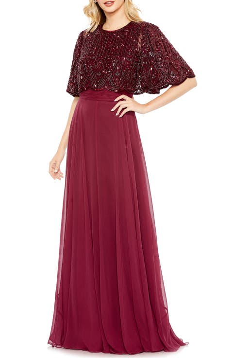 Sleeveless Caped Beaded Overlay A-Line Gown