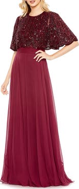Mac Duggal Sleeveless Caped Beaded Overlay A-Line Gown