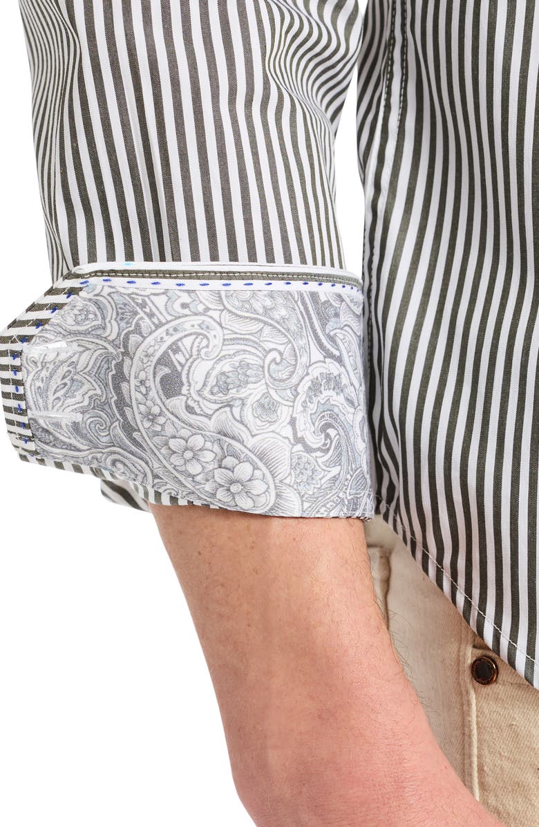 Robert Graham Greenwich Pinstripe Stretch Cotton Button-Up Shirt, Alternate, color, Olive